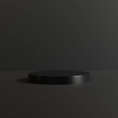 3D render of Cylinder podium with Black color on dark background.platform for product presentation minimal style. empty dark. Black pedestal for product showcase.