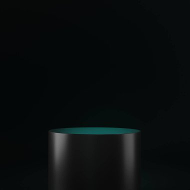 3D render of Cylinder podium with Black color on dark background.platform for product presentation minimal style. empty dark. Black pedestal for product showcase.