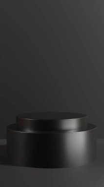 3D render of Cylinder podium with Black color on dark background.platform for product presentation minimal style. empty dark. Black pedestal for product showcase.
