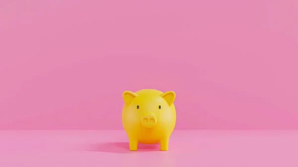 Yellow Piggy Bank on Pink background. 3D rendering. savings money concept. Yellow Piggy Bank and saving idea. Pink background.
