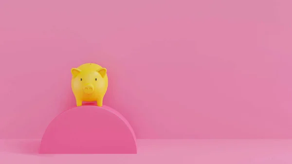 Yellow Piggy Bank on a podium with pink background. 3D rendering. savings money concept. Yellow Piggy Bank and saving idea. Pink background.