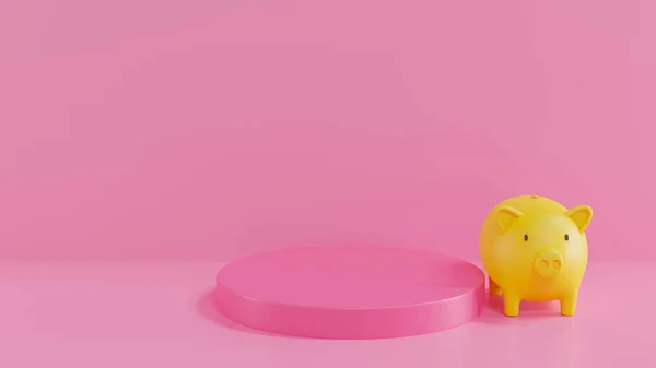 Yellow Piggy Bank on a podium with pink background. 3D rendering. savings money concept. Yellow Piggy Bank and saving idea. Pink background.