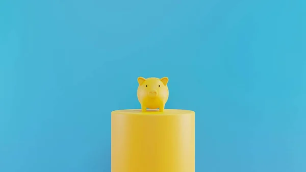 Yellow Piggy Bank on a podium with blue background. 3D rendering. savings money concept. Yellow Piggy Bank and saving idea. Blue background.