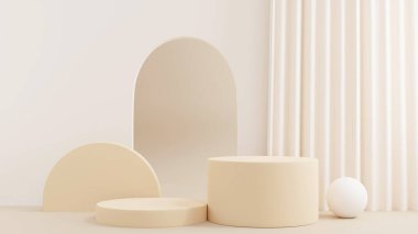 3D rendering Product display podium stand with curtain on Brown background. Mock up for the presentation. cylinder.