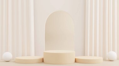 3D rendering Product display podium stand with curtain on Brown background. Mock up for the presentation. cylinder.