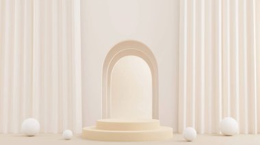 3D rendering Product display podium stand with curtain on Brown background. Mock up for the presentation. cylinder.