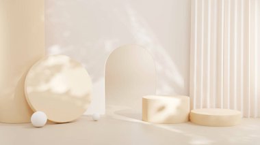 3D rendering Product display podium stand with curtain on Brown background. Mock up for the presentation. cylinder.