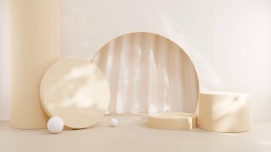 3D rendering Product display podium stand with curtain on Brown background. Mock up for the presentation. cylinder.