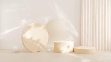 3D rendering Product display podium stand with curtain on Brown background. Mock up for the presentation. cylinder.