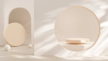 3D rendering Product display podium stand on Brown background. Mock up for the presentation. cylinder. Cosmetic for Beauty product.