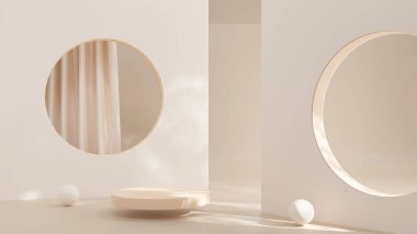 3D rendering Product display podium stand with curtain on Brown background. Mock up for the presentation. cylinder.