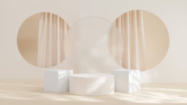 3D rendering Product display podium stand with curtain on Brown background. Mock up for the presentation. cylinder.
