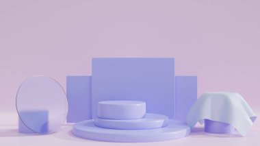 Mavi Pastel arka planda podyum standı. 3 boyutlu görüntüleme. Sunum için bir model. Güzellik ürünleri için kozmetik.