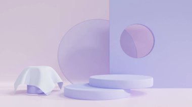 Mavi Pastel arka planda podyum standı. 3 boyutlu görüntüleme. Sunum için bir model. Güzellik ürünleri için kozmetik.