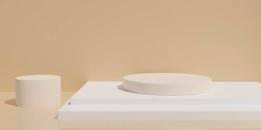 Kahverengi pastel arka planda podyum standı. 3 boyutlu görüntüleme. Sunum için bir model. Güzellik ürünleri için kozmetik.