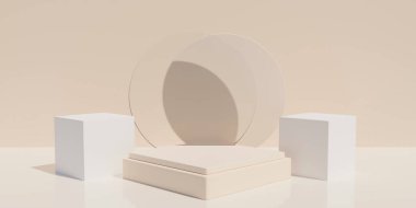 Kahverengi pastel arka planda podyum standı. 3 boyutlu görüntüleme. Sunum için bir model. Güzellik ürünleri için kozmetik.