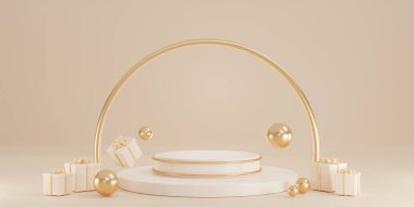 3 boyutlu pembe ve altın kaplama kürsü, güzellik ürünleri için minimum boş podyum, kutu hediyesi. Lüks minimalist model.