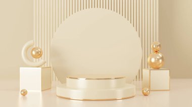 Pembe ve altın kaplama podyum, güzellik kozmetik ürünleri için minimum boş podyum, lüks minimalist modelleme