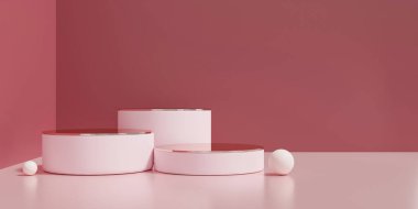 Pembe kaide podyumunun 3 boyutlu canlandırması, güzellik kozmetik ürünleri için minimum boş podyum, lüks minimalist modelleme