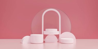 Pembe kaide podyumunun 3 boyutlu canlandırması, güzellik kozmetik ürünleri için minimum boş podyum, lüks minimalist modelleme