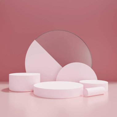 Pembe kaide podyumunun 3 boyutlu canlandırması, güzellik kozmetik ürünleri için minimum boş podyum, lüks minimalist modelleme
