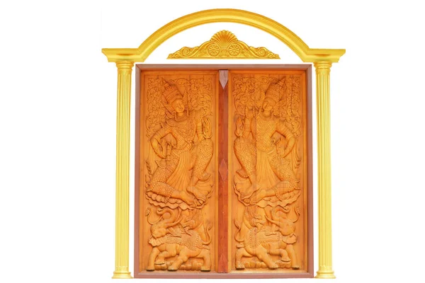 Sztuka Anioł Jazda Słoń Rzeźbienie Drzwi Drewniane Złotą Granicą Używać — Zdjęcie stockowe