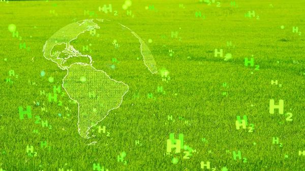 全球数字和美洲大陆的气泡绿色H2文字颗粒在绿草背景上飘扬 概念绿色氢气清洁能源遍布全球 — 图库照片