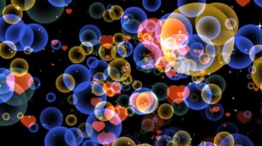 Kırmızı kalpler altın ve koyu mavi baloncuklar beyaz yıldız ve koyu kırmızı kalpler temalı sevgililer günü ve aşk hareketi ile siyah ekranda yüzüyor.