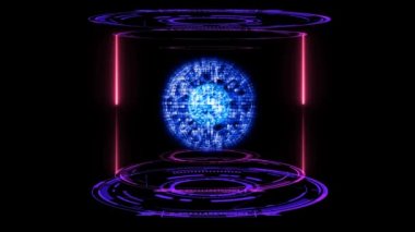 kuantum fütüristik bilgisayar soyut mavi ışık küre çekirdek görselleştirmesi lazer lacivert neon ile dijital laboratuvar kapsülünde