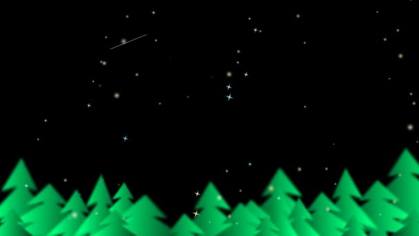 Prueba de estrellas y lluvia de meteoritos y oro de plata y desenfoque estrella de color con bola de partículas de oro se desvanecen caída lenta y los árboles de quirstmas en el jardín en la pantalla negra — Vídeos de Stock