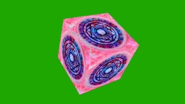 Kubus roze blauwe textuur en donkere magische cirkel krachtige energie met dubbele cirkel zes sterren — Stockvideo