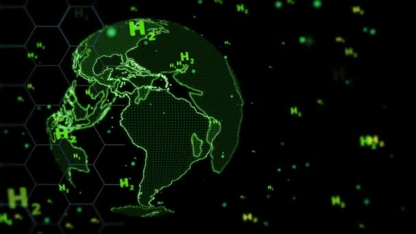 Global digital verde e hexágono com bolhas texto verde H2 sobre fundo preto, conceito verde hidrogênio energia limpa em todo o mundo — Vídeo de Stock