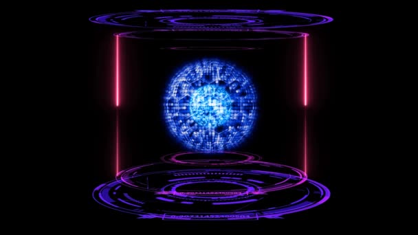 양자 미래 스틱 컴퓨터 추상 청색밝은 구면 코어 시각화에 있는 디지털 실험실 캡슐 레이저 마젠타 네온 — 비디오