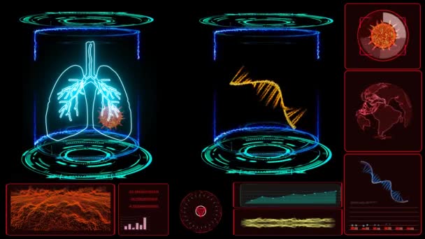 MRNA model pro vyléčení simulace na počítačové digitální laboratorní kapsli s laserovým modrým a kruhovým výzkumem a analýzou bleskových šroubů pro ochranu mutace COVID 19 — Stock video