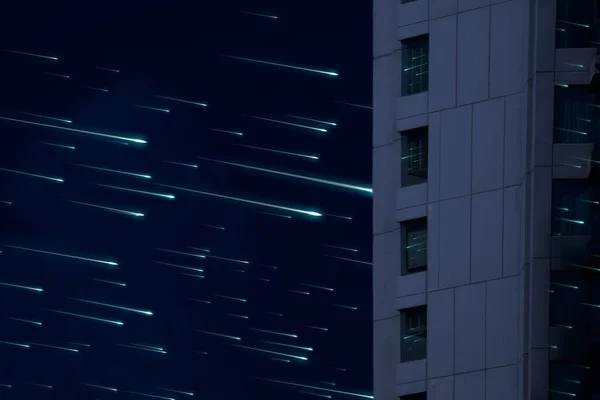 Метеоритный Дождь Ночном Небе Темные Облака Отражения Силуэт Окна Здания — стоковое фото