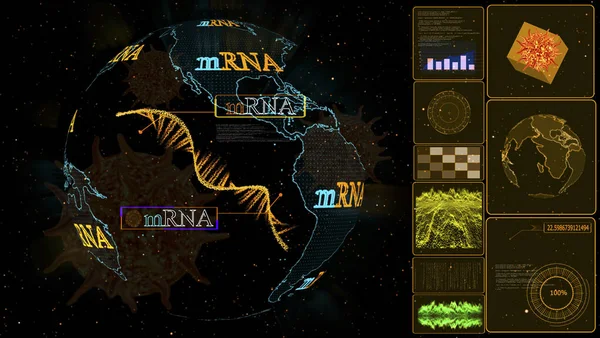 世界的なデジタルコンピュータ上のMrnaワクチンモデル黄色モニターの研究解析Covid 19突然変異を保護するためのMrna — ストック写真