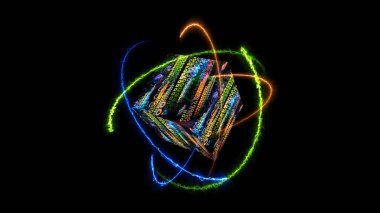 Kuantum bilgisayar çekirdeği soyut fütüristik teknoloji dijital katman holografik süreç ve gizemli mavi dalga küp boş çekirdek enerji yüzeyi ve atom sonsuzlukla hareket ediyor