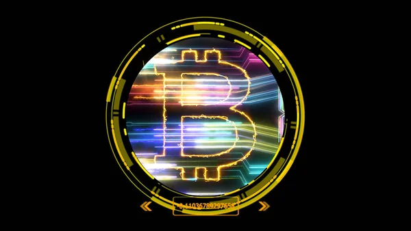 Criptomoneda Bitcoin Transferencia Láser Digital Futurista Arco Iris Sobre Fondo —  Fotos de Stock