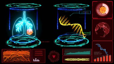 Bilgisayar dijital laboratuvar kapsülündeki akciğer simülasyonunu tedavi etmek için kullanılan mRNA modeli lazer mavi ve gök gürültüsü yıldırımı araştırması ve COVID 19 mutasyonunu korumak için analiz