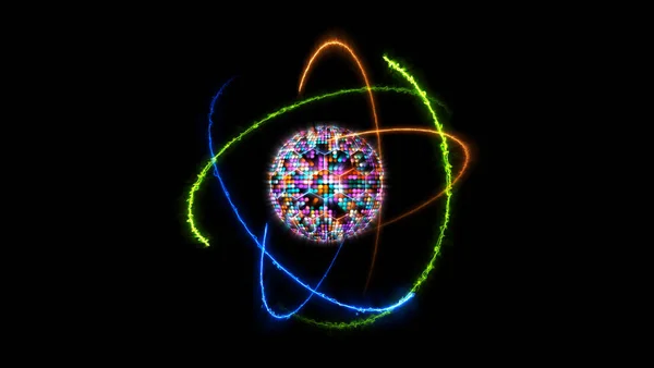 量子未来型コンピュータアニメーション抽象的なパステルトーンの光球ボールと原子がオレンジの火の無限の緑の性質と青の雷エネルギーによって移動しているライトブルーのコア — ストック写真
