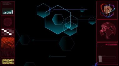 Kırmızı monitör soyut dijital gradyan koyu mavi altıgen çokgen hareketi siyah ekranda hareket ediyor