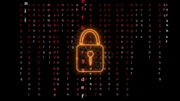 Quantum cryptography security technology lock hexagon wire and matrix animation — Stock Video