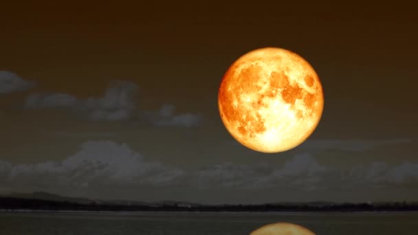 Reflecție a super-sângelui luna se ridică înapoi silueta peisaj lac pe cerul nopții și nor rapid în mișcare timp se scurge — Videoclip de stoc