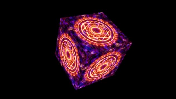 Magische cirkel krachtige rode vlam energie met hemel dubbele cirkel zes sterren op mystieke kubus — Stockvideo