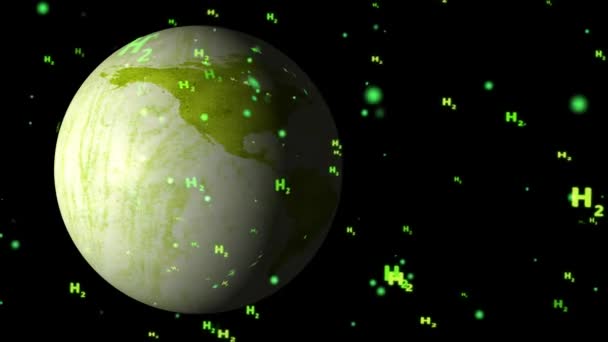 Textura mineral verde mármore global com partículas de texto H2 voando na tela preta, conceito de energia limpa de hidrogênio verde em todo o mundo — Vídeo de Stock