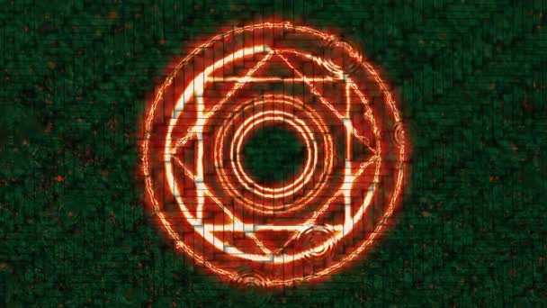 Волшебный круг огня мощная энергия многослойный красный элемент света и огненный шар приятель и капли дождя на фоне кирпичного пола — стоковое видео