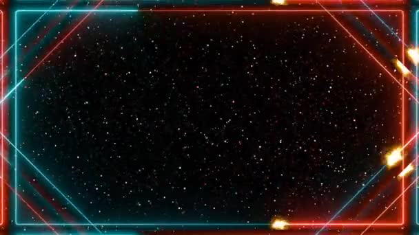 Çoklu lazer kenar kırmızı ve mavi parlayan enerji ışığı ile parçacıklar top etrafında hareket ederek çok yönlü sınır monitörüne yakınlaşır — Stok video