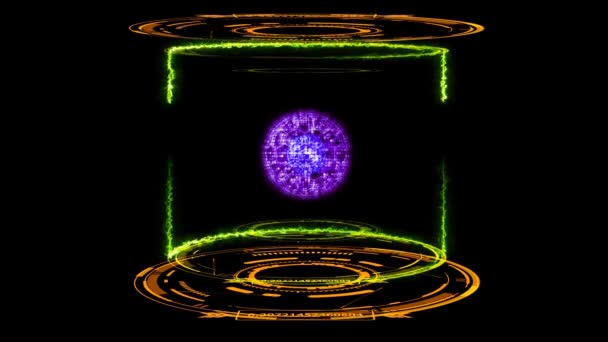 Computadora futurista cuántica esfera de luz azul abstracta bola núcleo visualización en cápsula de laboratorio digital con energía de trueno — Vídeo de stock
