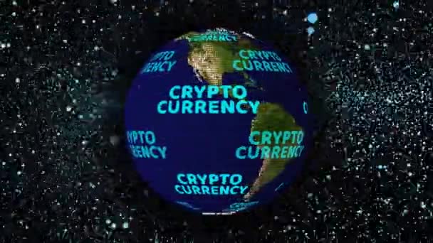 暗号通貨付きの世界地図デジタルブルーテキスト小さなボールブラックスクリーン上で回転し、百飛行ボール — ストック動画