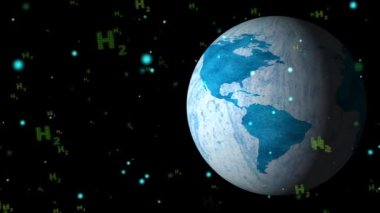 Küresel mermer açık mavi mineral dokusu ile H2 dijital metin parçacıkları siyah ekranda uçuyor, konsept yeşil hidrojen temiz enerji tüm dünyada